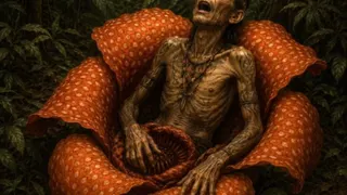 欧美读者曾对“食人花”深深著迷，此为百年前西方杂志杜撰达雅族猎人失足倒卧在血红色的莱佛士花瓣中。（示意图）