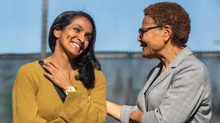 Los Angeles City Council member Nithya Raman talks with Mayor Karen Bass at Hazeltine Park in Sherman Oaks