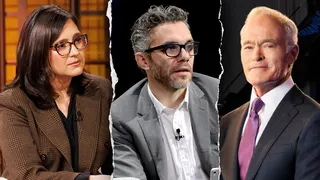 Bari Weiss and Nick Bilton standing with Scott Pelley at a media event