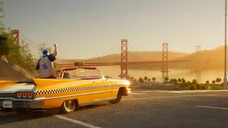 Crazy Taxi parked near a bridge that looks like the Golden Gate
