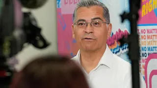 California Democratic gubernatorial candidate Xavier Becerra talks with reporters during his visit to the Planned Parenthood headquarters in Sacramento, Monday, June 1, 2026.