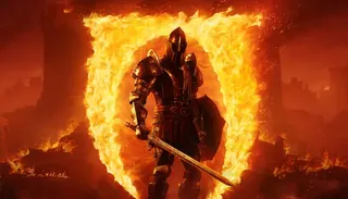 A knight comes out of a red portal.