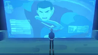 Lex Luthor watches footage of Superman on a giant screen in My Adventures with Superman.