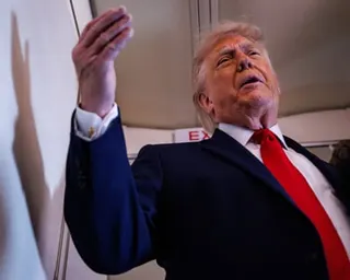 Donald Trump gestures as he stands in the aisle of Air Force One