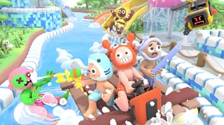 People on a water park river being chased by zombies