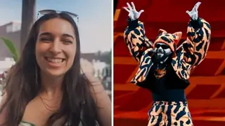 Left, a woman smiles at the camera. Right, the Greek entry dances.
