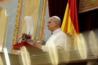 Pope Leo XIV delivers a speech during a joint session of the Spanish Parliament at the Congress of Deputies in Madrid June 8, 2026. — JJ Guillen/Pool/Reuters pic