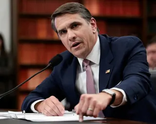 a man speaks into a microphone while seated at a table