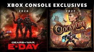 Xbox infographic showing Gears of War E-Day's artwork with a 2026 release and Clockwork Revolution's artwork next to it with a 2027 release