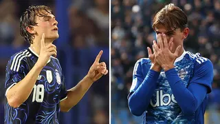 Images showing Argentina midfielder Nico Paz's goal celebrations - in the first he emulates Lionel Messi's iconic goal celebration by pointing to the sky with both hands after scoring (left) but during his recent run of finding the net in Serie A, he preferred to cover his face with his hands and use 'the mask' (right)