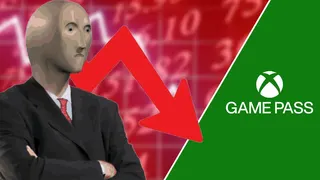 Custom header showing Game Pass logo with stock market line going down in RED, big RED.
