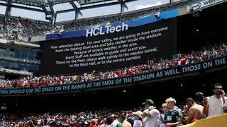 A scoreboard at MetLife Stadium displaying a warning about extreme weather
