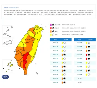 氣象署提醒，今、明兩日受滯留鋒面及西南氣流影響，各地易有大雨或局部豪雨，中南部山區須慎防持續性強降雨。氣象署提供