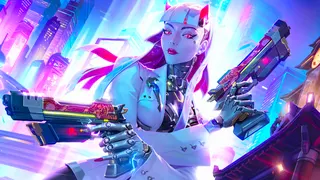 Key art of new Overwatch hero Shion. A robot woman with white hair and red demon horns holds two pistols against a cyberpunk backdrop.