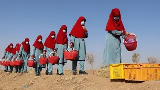 AFP via Getty Images Afghan women carry baskets of saffron flowers in a field on the outskirts of Herat province on October 31, 2022. The women are all dressed in green tunics and trousers, with red head scarves and blue face masks. They carry red baskets filled with flowers. The ground is brown and dusty.
