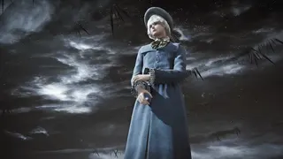 Screenshot from The Duskbloods showing a female character in a blue jakcet and hat standing against the backdrop of a dark starry sky