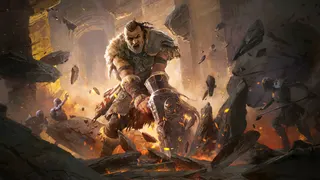 Key art of a Path of Exile 2 titan warrior character. A heavily-armored man slams a hammer down into the earth causing the ground to shatter in molten pieces.