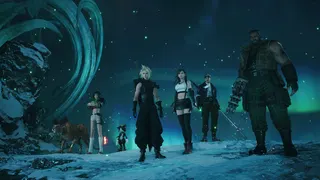 From left to right, Nanaki, Yufie, Cait Sith, Cloud, Tifa, Cid and Barrett are stood on a snowy mountain looking at something in front of them, the night sky and an aurora borealis behind them in Final Fantasy 7 Revelation.