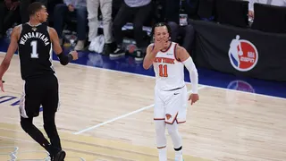 New York Knicks guard Jalen Brunson reacting during NBA Finals game at Madison Square Garden