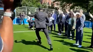Footage shows New York City Mayor Zohran Mamdani scoring a goal at a World Cup press conference announcing a free final watch party at Central Park’s Great Lawn. New York and New Jersey are co-hosting eight matches, including the final on July 19th.