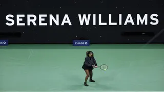 Serena Williams hits a backhand during her warm-up at the 2022 US Open