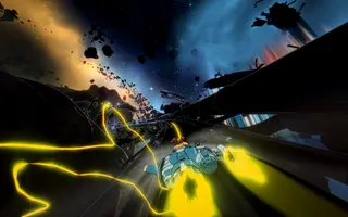 Flying a spaceship on a track in space in a screenshot from Nintendo Switch 2 game Orbitals