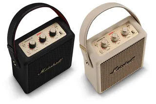 Two of Marshall’s Stockwell III wireless speakers next to each other.