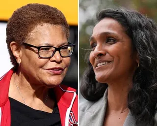 a composite image showing two women speaking
