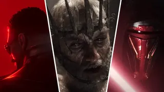 Left: Blade, a vampire bathed in red light. Center: A chained-up king with an iron crown. Right: Revan, a force sensitive wielding a lightsaber.