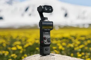 The Insta360 Luna Ultra camera perched on a rock with a field of flowers and mountains in the background.