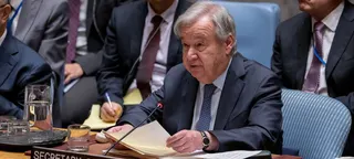 联合国秘书长安东尼奥·古特雷斯在纽约举行的联合国安理会会议上发表讲话。