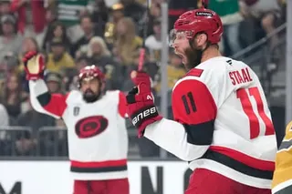 Hurricanes center Jordan Staal, right, celebrates his goal during the first period in Game 4 of the Stanley Cup final on Tuesday night.