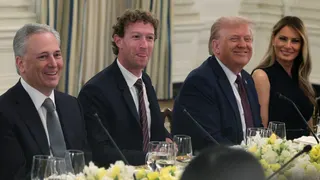 U.S. President Donald Trump and Melania Trump standing with Meta CEO Mark Zuckerberg and David Scahs at White House dinner