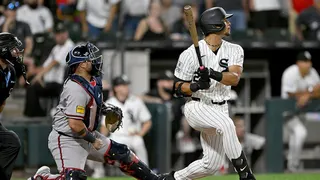 Braden Montgomery watching his walk-off home run during a baseball game.