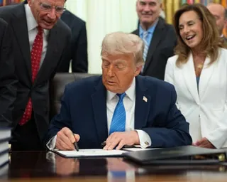 a man signs a document while seated at a desk as people smile around him