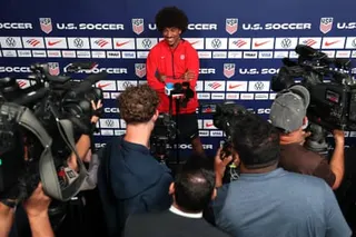 Chris Richards of the United States talks to the media during a training session on Wednesday ahead of the World Cup at Great Sports Park in Irvine, California.