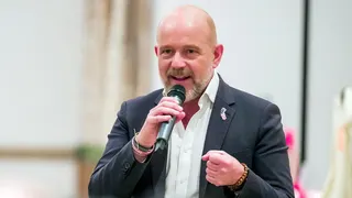 Steve Hilton speaking during an affordability town hall at Hotel Zessa in Santa Ana
