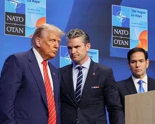 Donald Trump pursing his lips in conference with a tight-jawed Pete Hegseth in front of Marco Rubio looking glum