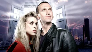 Key art from BBC's Doctor Who 2005. It features Billie Piper as Rose Tyler, a blonde woman with pale skin and green eyes in a red shirt and jacket. She stands alongside Christopher Eccleston, the Ninth Doctor, who wears black leathers.