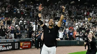 Braden Montgomery reacting after hitting a walk off two run home run at Rate Field.
