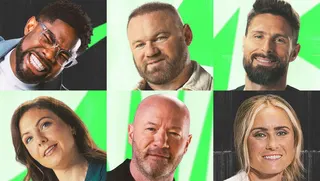 BBC pundits, clockwise from top left: Micah Richards, Wayne Rooney, Olivier Giroud, Steph Houghton, Alan Shearer and Rachel Corsie