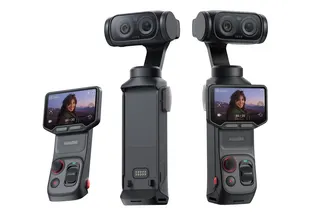 Several images of the Insta360 Luna Ultra camera demonstrating its wireless remote detached and attached.