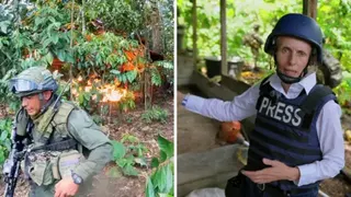 Split screen showing commando on the left, after setting drug lab on fire, and correspondent Orla Guerin on the right in the jungle