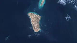 An overhead view of Kharg Island, surrounded by ocean water.