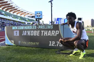 Ja’Kobe Tharp smashed the 110m hurdles world record during heats at the NCAA collegiate athletics championships. Photo: Getty Images
