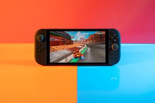 A photo of the Nintendo Switch 2 running Mario Kart World in handheld mode.