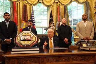 Alex Pereira, Illia Topuria, Justin Gaethje and Ciryl Gane stand behind Donald Trump in the Oval Office