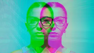 Digital manipulation of a young woman wearing glasses illustrating Biometric identification and Metaverse Technology concepts.