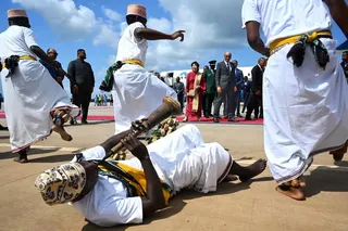 President Tharman Shanmugaratnam and his spouse Jane Ittogi Shanmugaratnam watching a cultural performance after arriving at the Abeid Amani Karume International Airport in Zanzibar, Tanzania, on June 10.