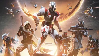 Destiny new catalysts: Key art for the Monument of Triumph update, featuring multiple Guardians holding weapons at the ready, standing on a rock with the Traveler in the background.
